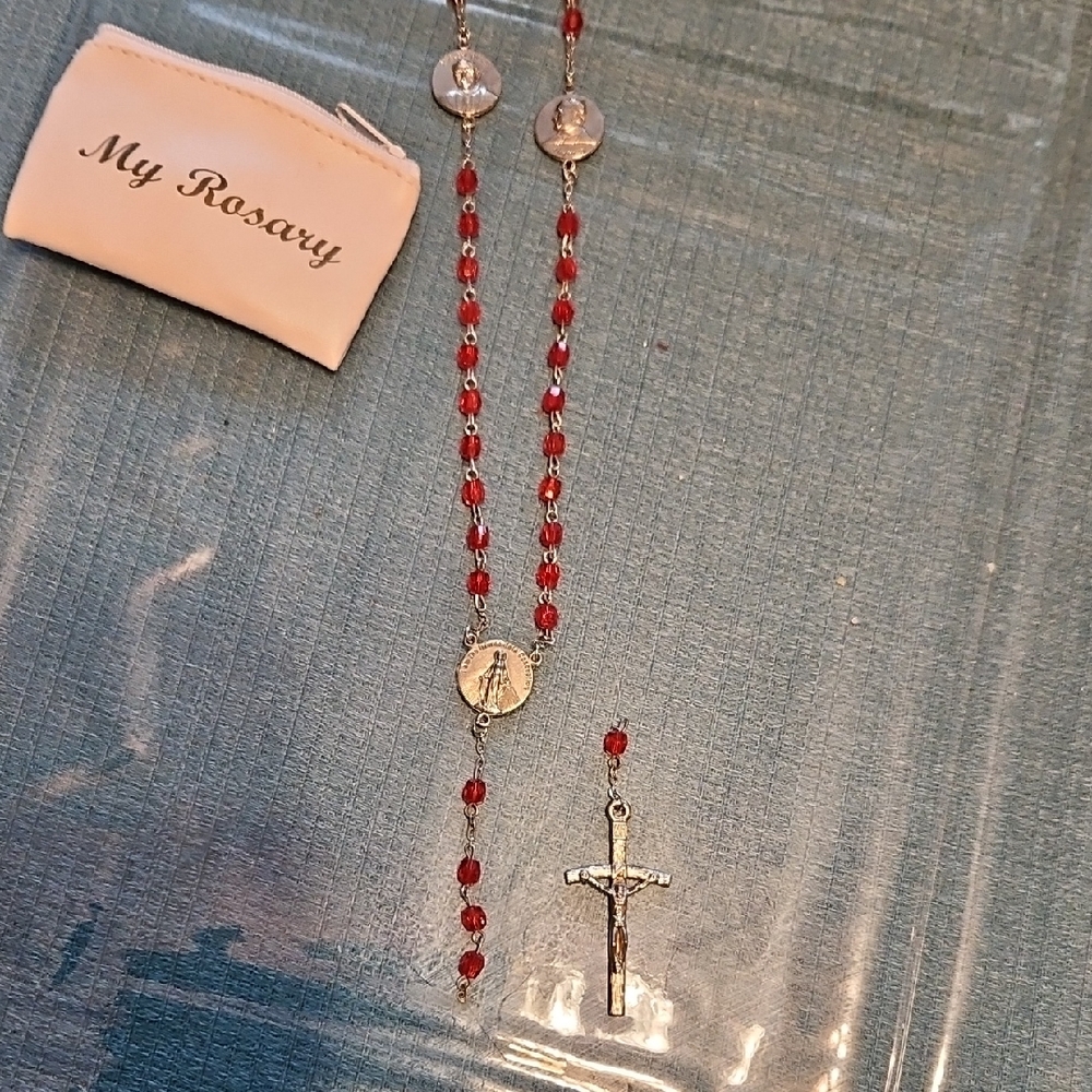 Red Beaded Rosary Necklace